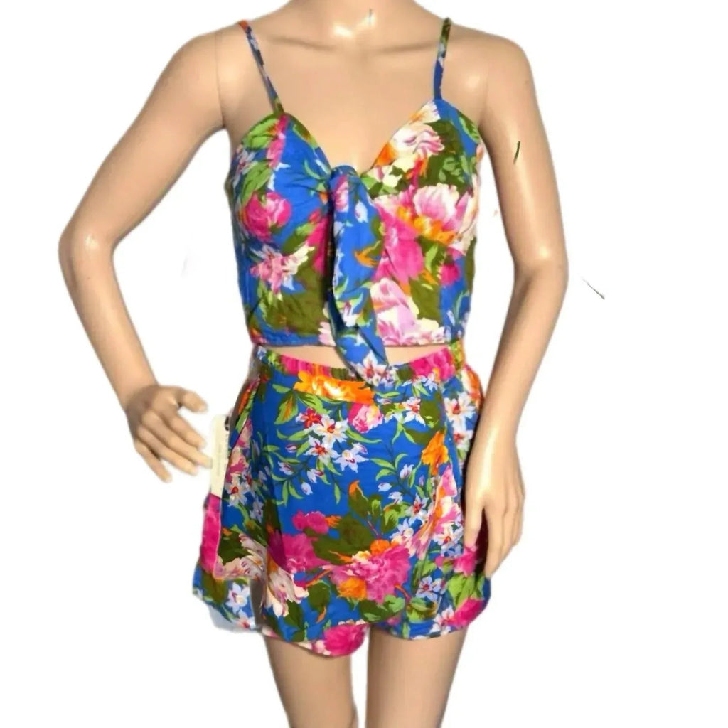 Floral cami mini dress with tie-front bust and gathered waist, blue pink green flowers