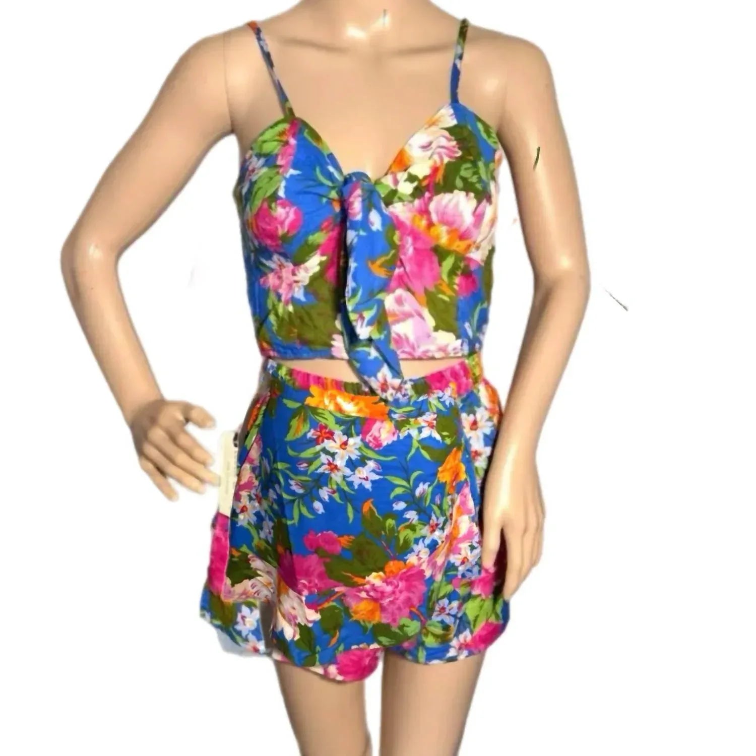 Floral cami mini dress with tie-front bust and gathered waist, blue pink green flowers