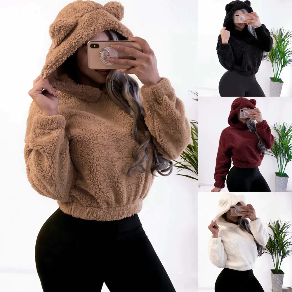 Faux-fur hooded sweatshirt set in tan, black, wine red, and white (shown on model)