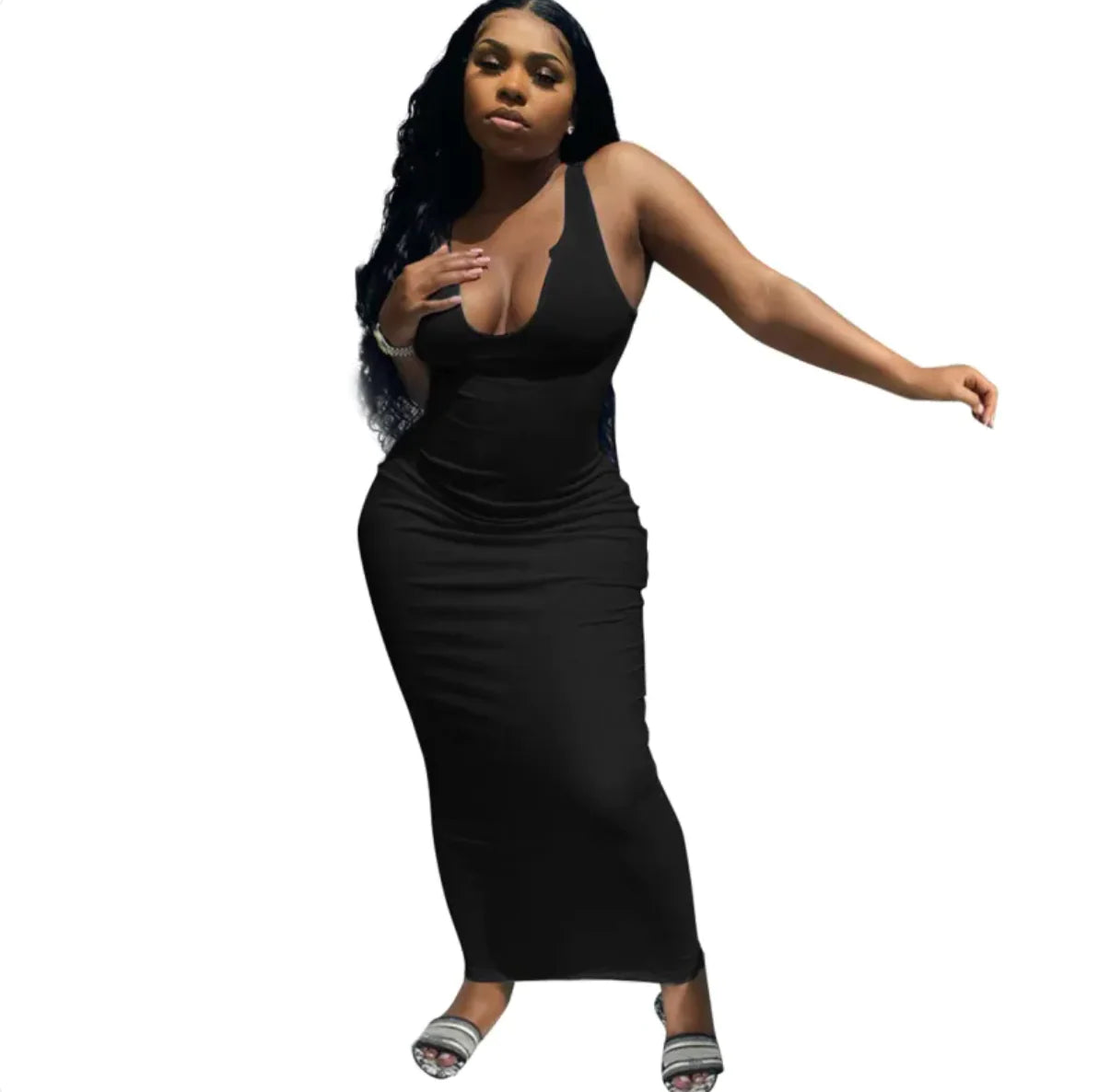 Black sleeveless midi dress with scoop neckline and fitted drape with ruched waist.