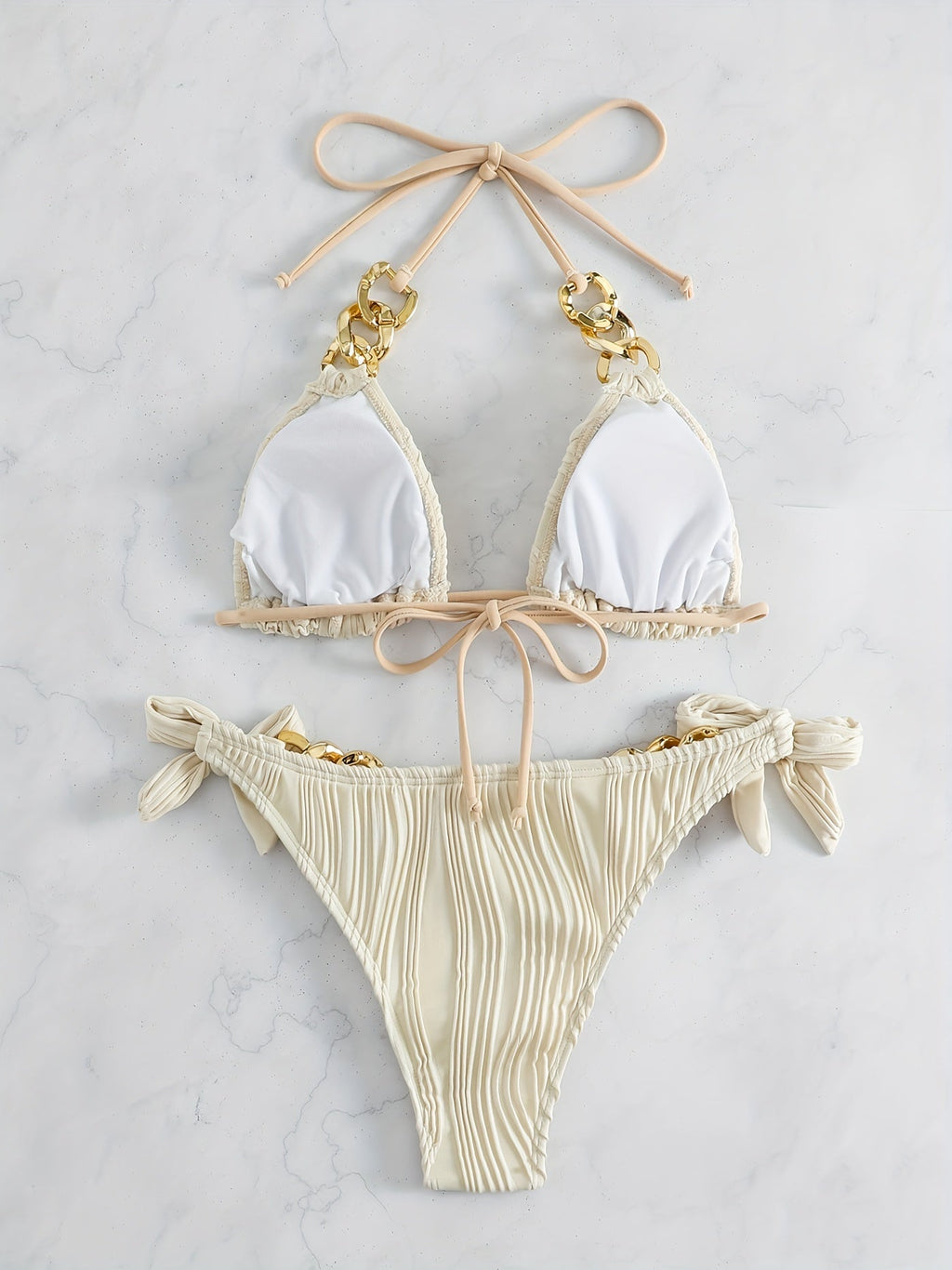White striped halter bikini set with gold ring-link detail and bow tie side ties