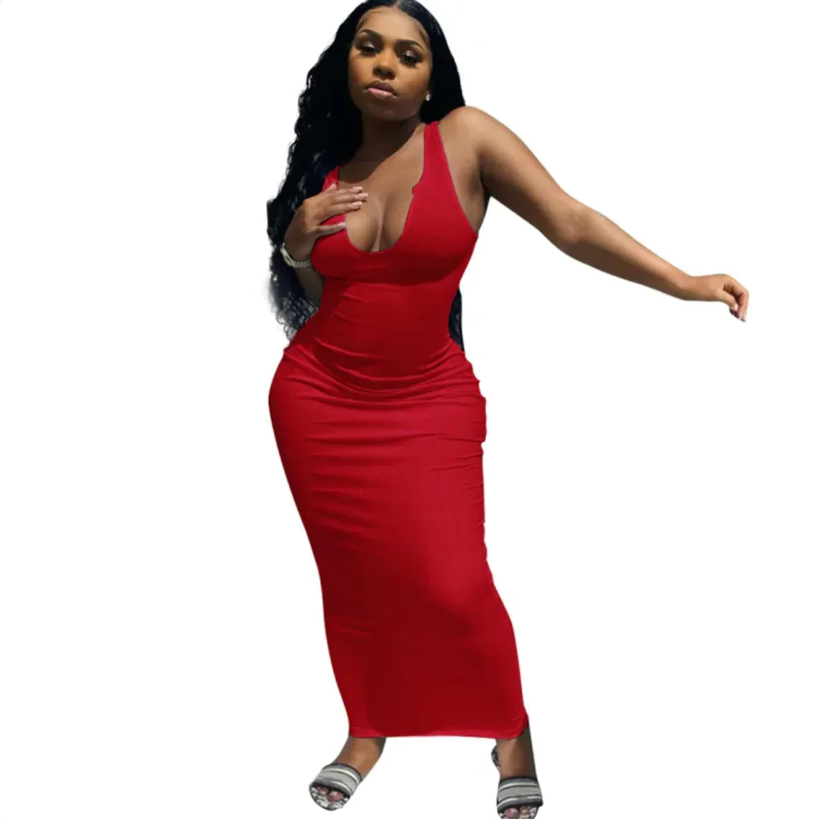 Red sleeveless bodycon midi dress with scoop neck and draped waist