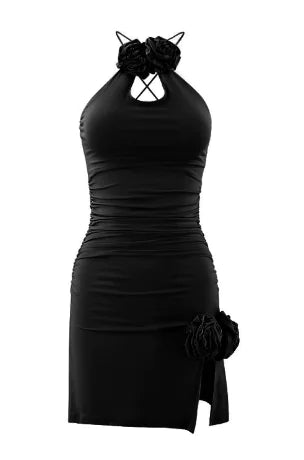 Black halter mini dress with bow neckline, ruched fit, and rose applique at side slit