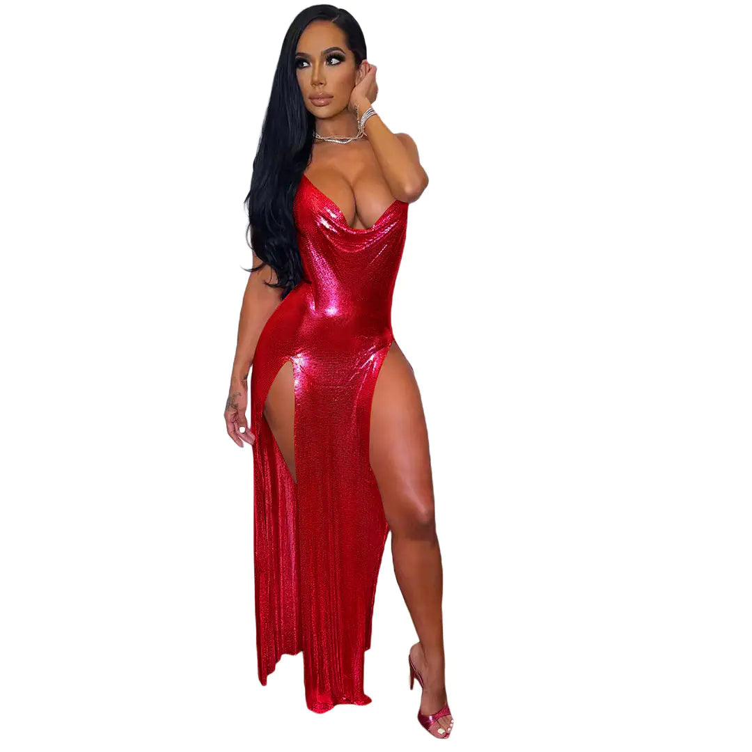 Metallic red sequin slip dress with spaghetti straps and deep side slit.