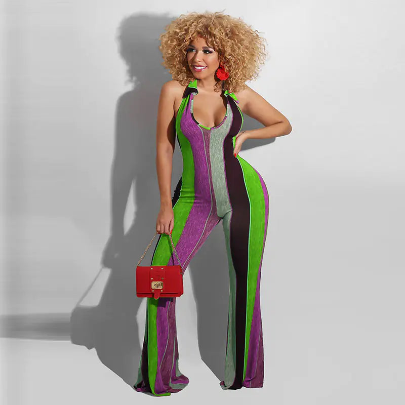 Halter striped one-piece with wide-leg pants, purple and green multi-color stripes