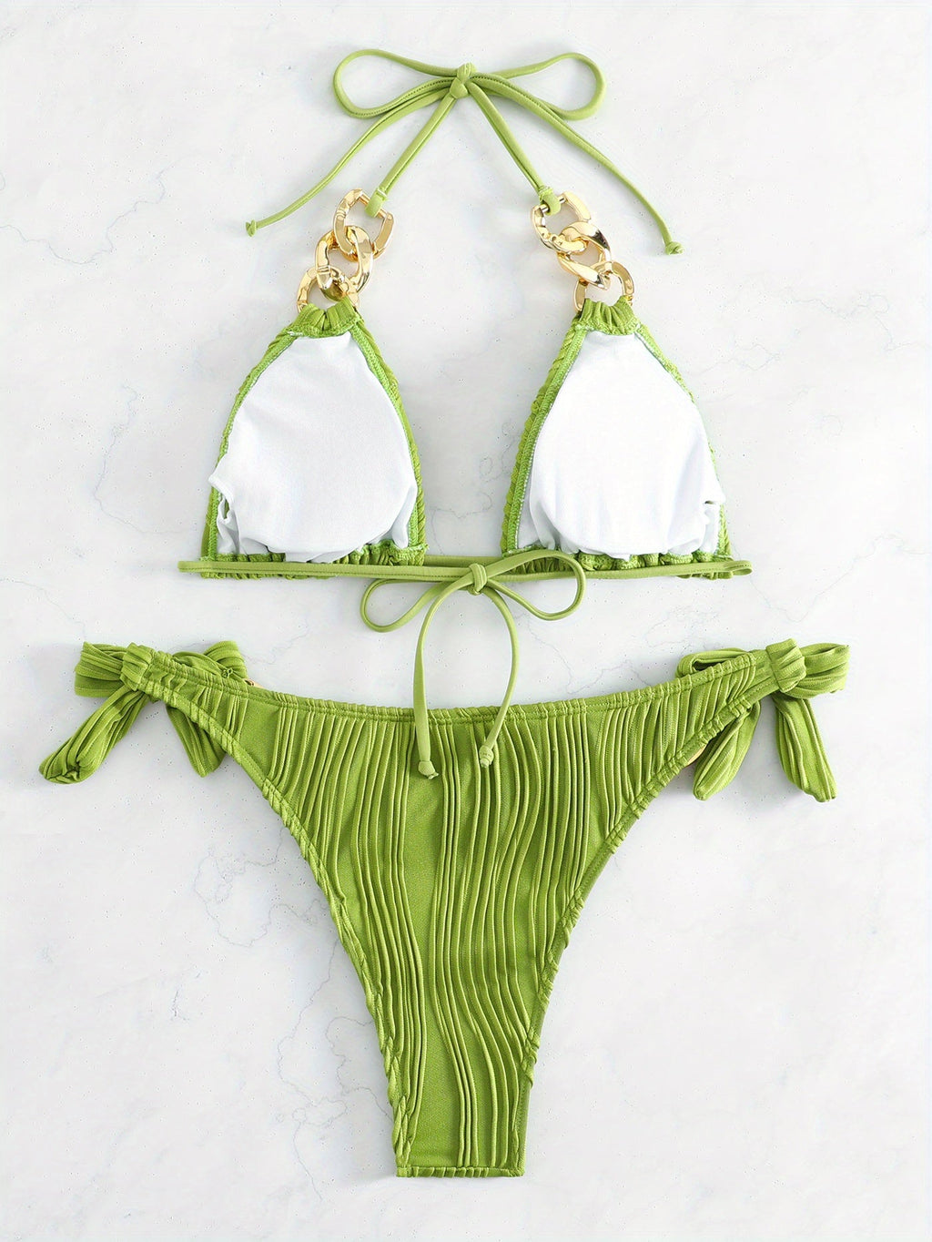 Green striped halter bikini set with triangle cups and gold ring-link sides