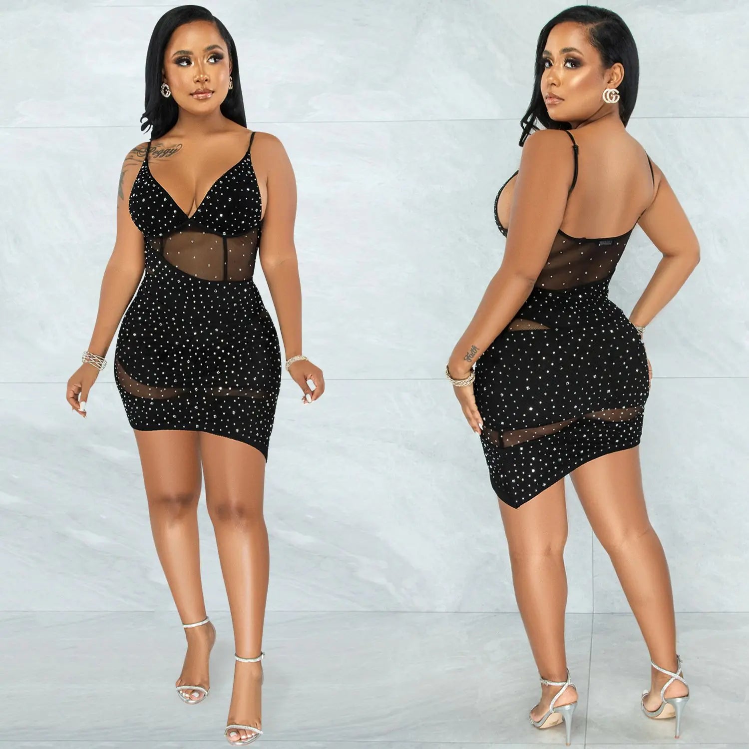 Black sequin mini dress, V-neck front, spaghetti straps, asymmetrical hem, front and back