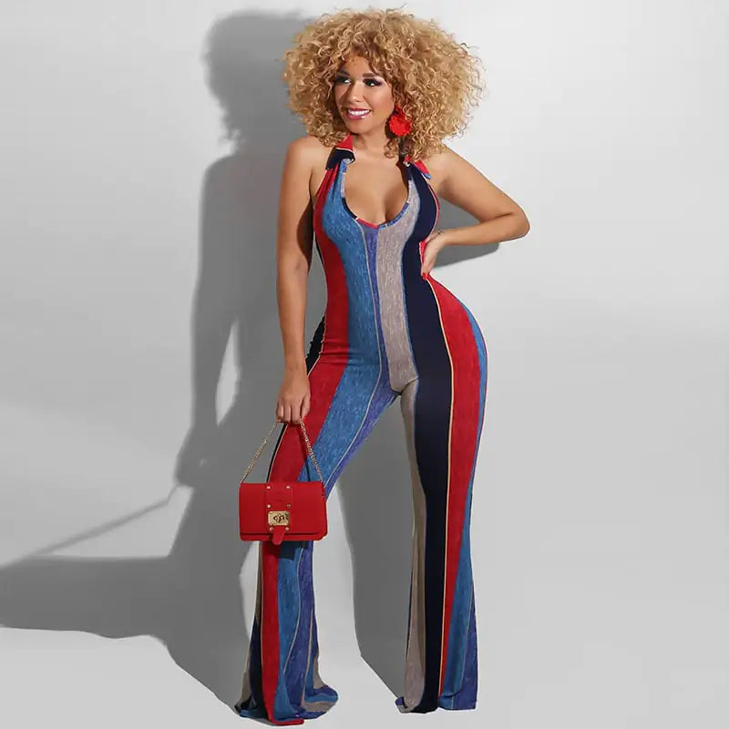 Sleeveless wide-leg one-piece with blue stripe panels, red accents, and black trim