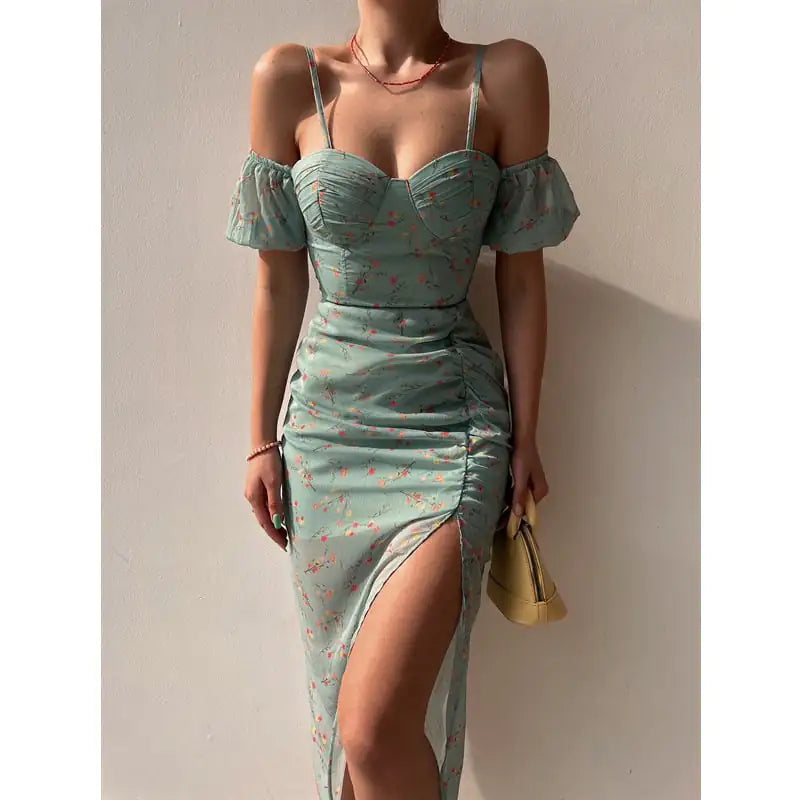 Green floral off-shoulder bodycon dress, ruched bodice, spaghetti straps, side slit