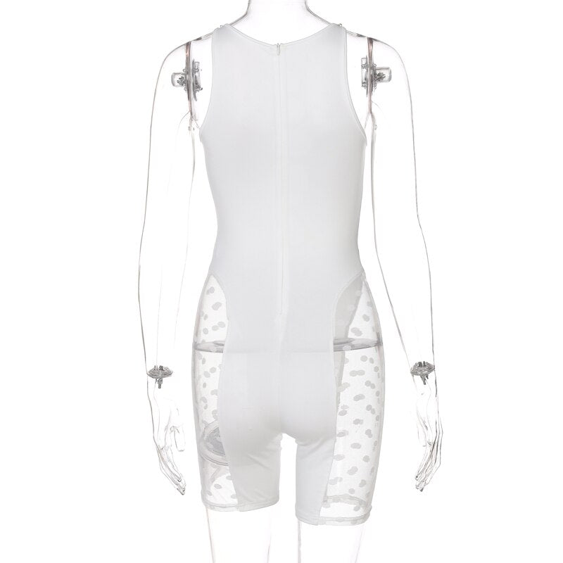 White sheer bodysuit with high neckline, sleeveless cutout details, and brief bottom