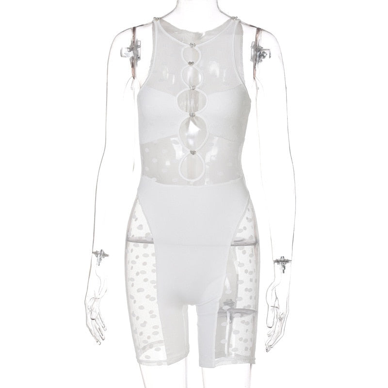 White sheer sleeveless bodysuit with ring cutouts at chest and attached shorts