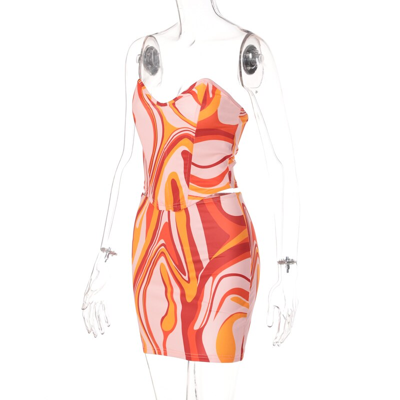 Back view of multicolor swirl-printed mini dress with fitted waist