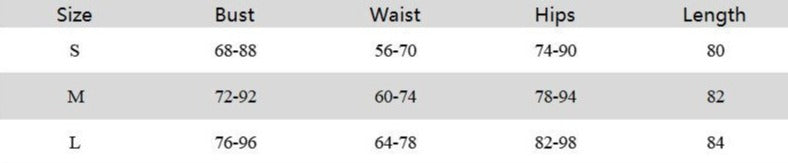 Size chart showing bust, waist, hips, and length measurements for S, M, L