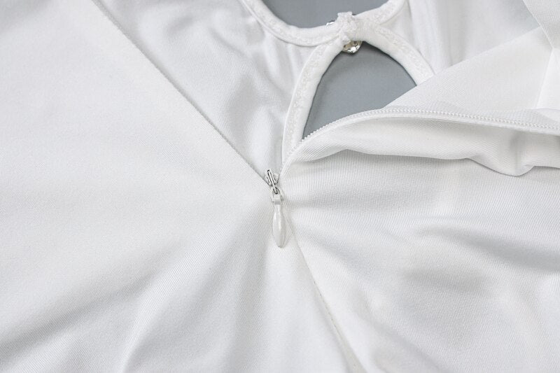 White sheer bodysuit neckline with zipper and small hook closures at the back