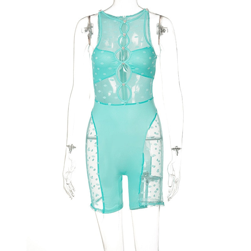 Aqua sheer sleeveless bodysuit with ring cutouts at chest and hip-length shorts