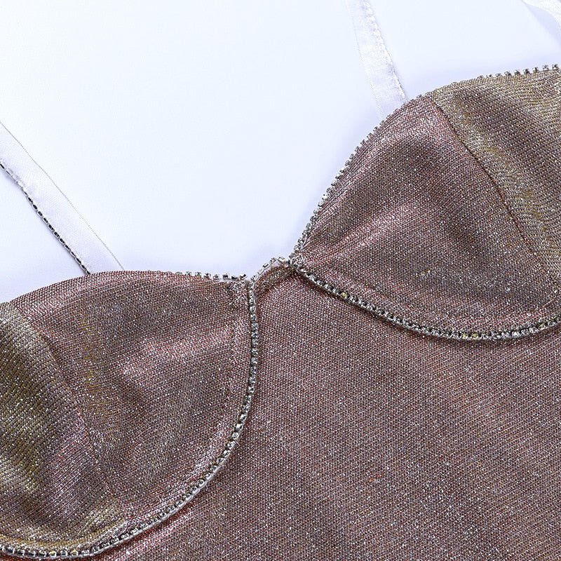 Rose-gold sequin bodice with underwire cups and adjustable thin shoulder straps