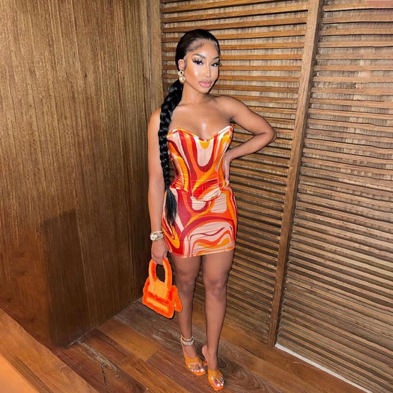 Strapless bodycon mini dress with swirled multicolor bold print