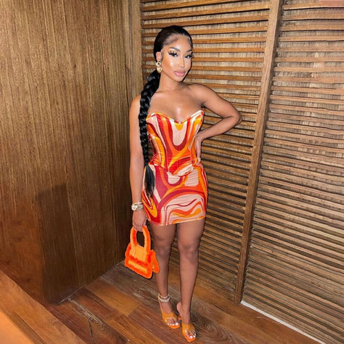 Print Off Shoulder Sleeveless Colorful Crop Top Mini Dress 2 Pieces Suit nowadaysfashion