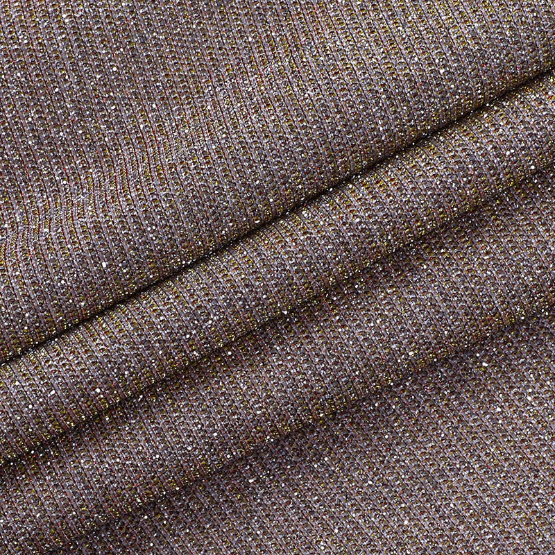 Bronze metallic knit fabric with fine grid texture and visible seam