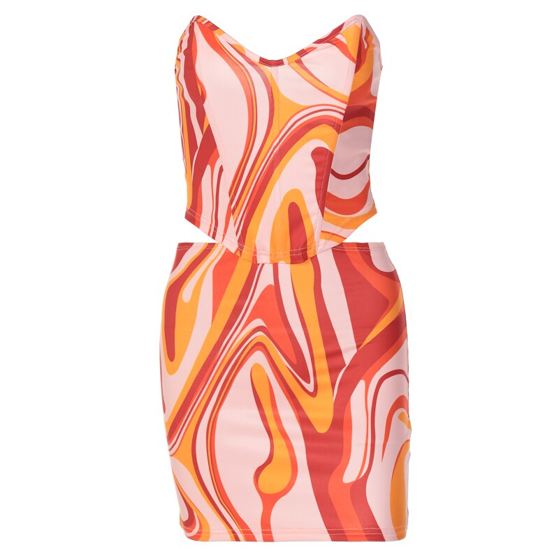 Sleeveless mini dress with scoop neckline and multicolor swirl print