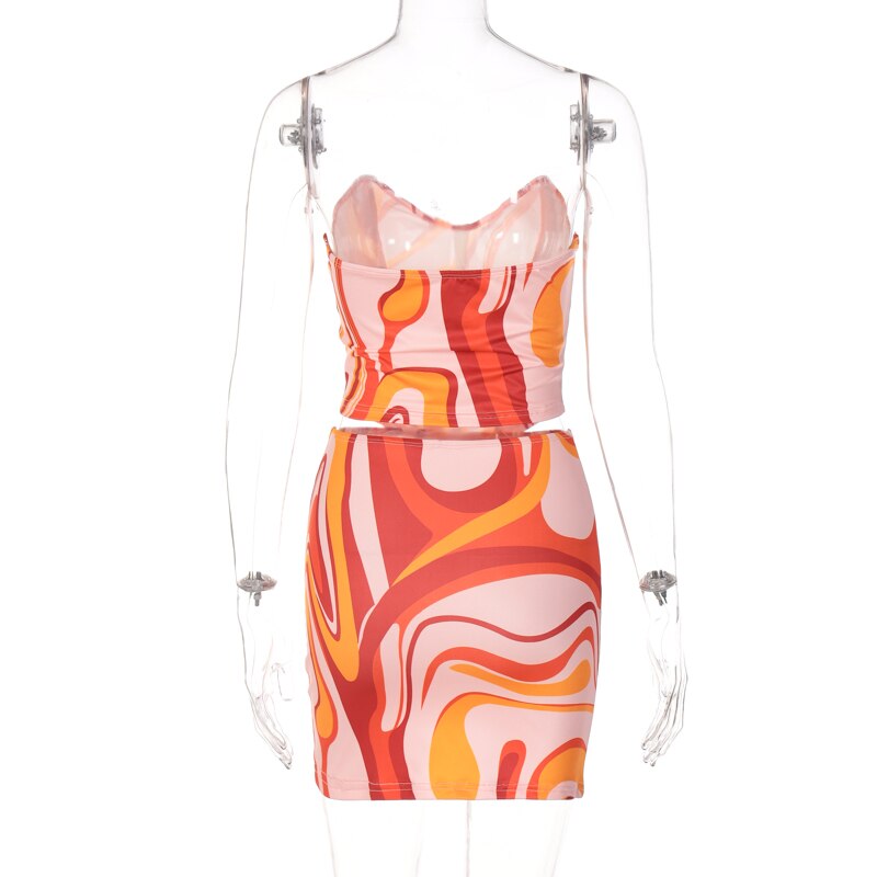 Front view of corset-style mini dress with multicolor swirl print