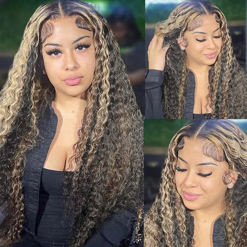 13x6 Deep Wave Fb/27 Ombre Blonde Lace Front Pre Plucked 13x6 HD Full Lace Frontal Curly Glueless Wig for Women 24 Inch