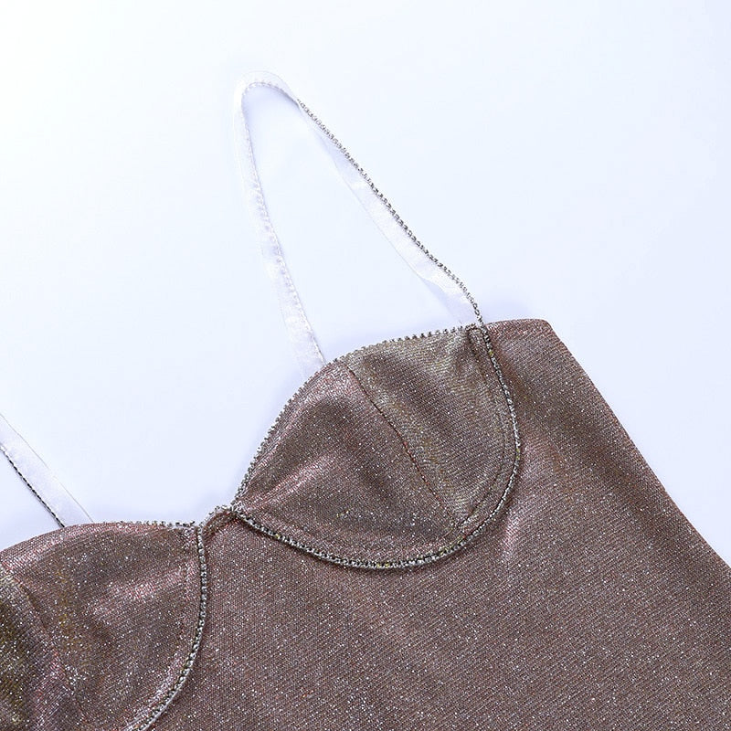 Shimmering bronze spaghetti-strap dress bodice with sweetheart neckline