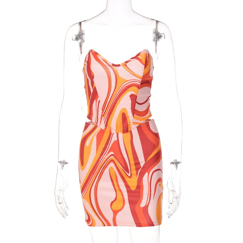 Strapless mini dress with multicolor swirl print and fitted bodice