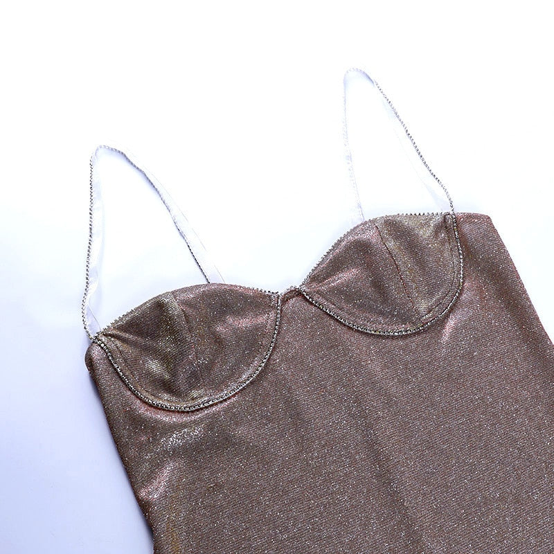 Rose-gold sequin sweetheart neckline mini dress bodice with thin spaghetti straps