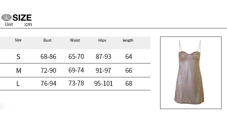 Beige glitter mini dress size chart with bust, waist, hips, and length (cm)