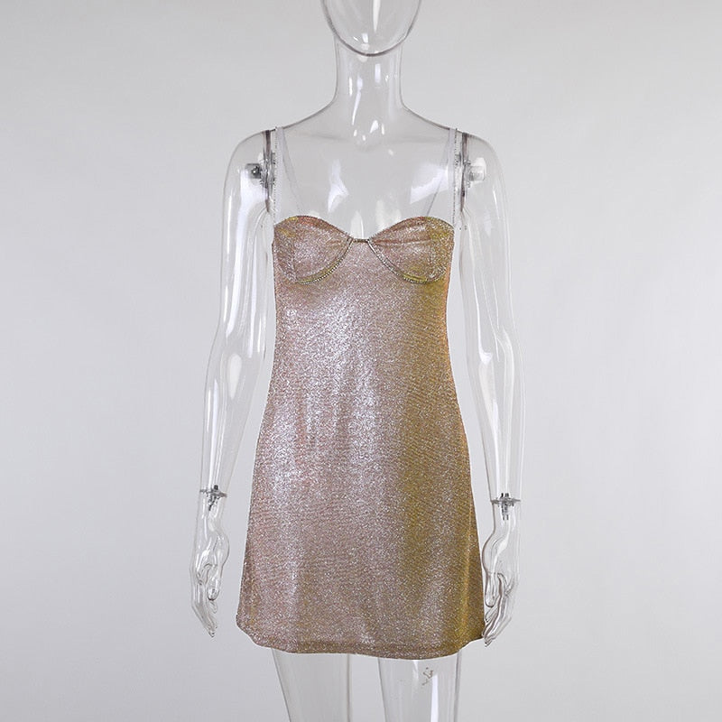 Sparkly bronze camisole dress with thin straps and sweetheart neckline