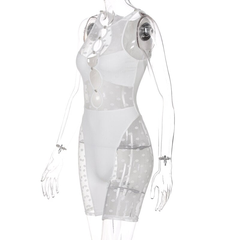 White sheer sleeveless bodysuit with ring cutouts at chest and mid-thigh shorts