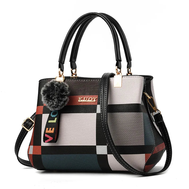 Elegant Leather Crossbody Messenger Bag with Hairball