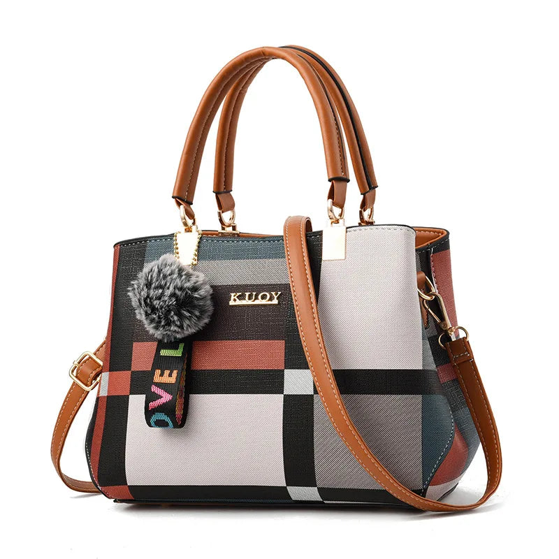 Elegant Leather Crossbody Messenger Bag with Hairball