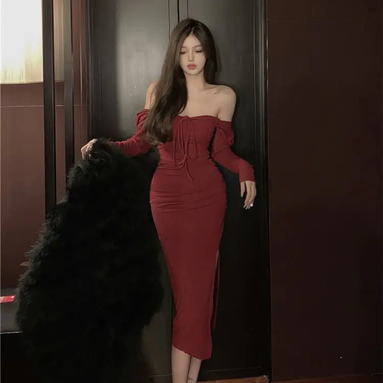 Wine red off-shoulder midi bodycon dress with long sleeves and bow-tie neckline