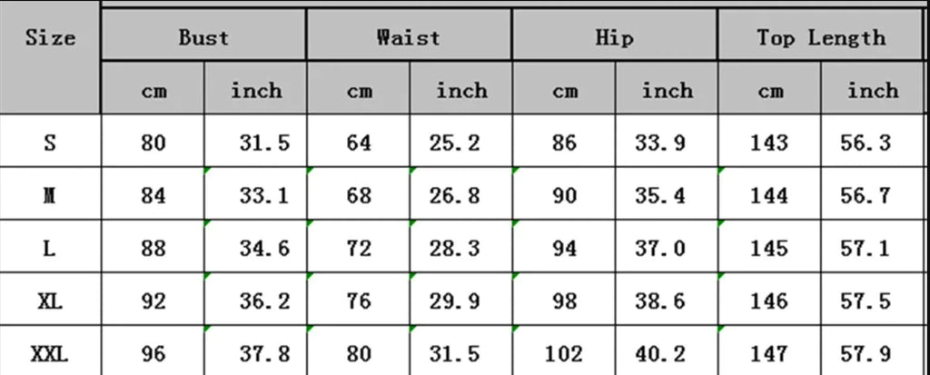 Dress size chart showing bust, waist, hip, and top length measurements (S–XXL)