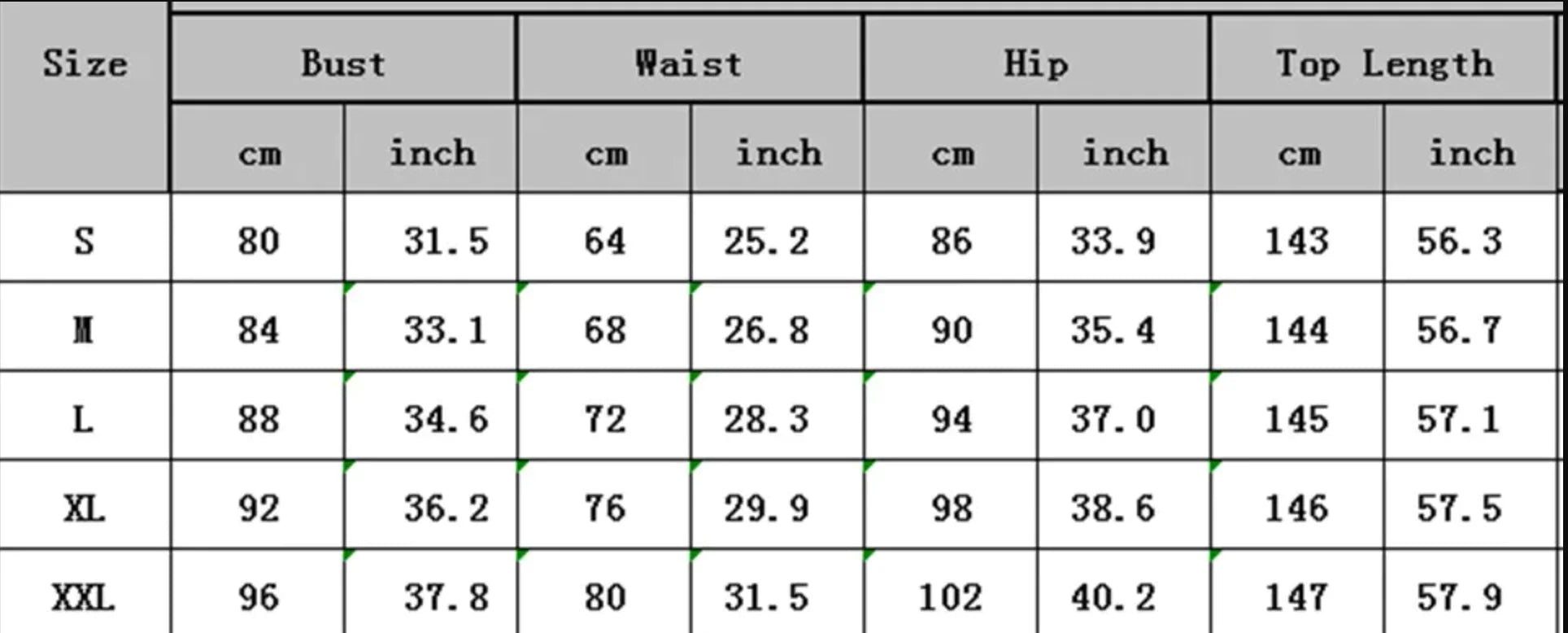 Dress size chart showing bust, waist, hip, and top length measurements (S–XXL)