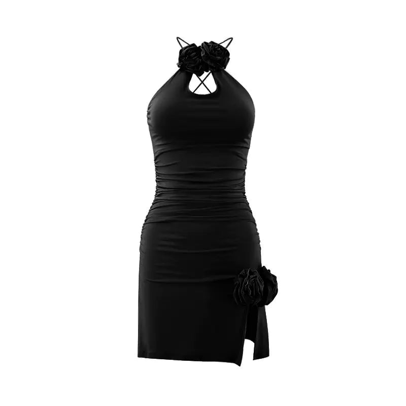 Black halter mini dress with bow at neckline, ruched body, and side slit