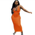 Orange sleeveless midi dress with scoop neckline and fitted, ruched waist drape.