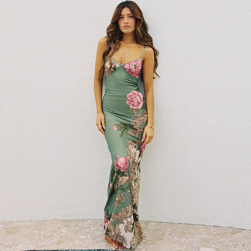 Summer Holiday Casual Slim Fit Printing Slip Dress Women Ragazza