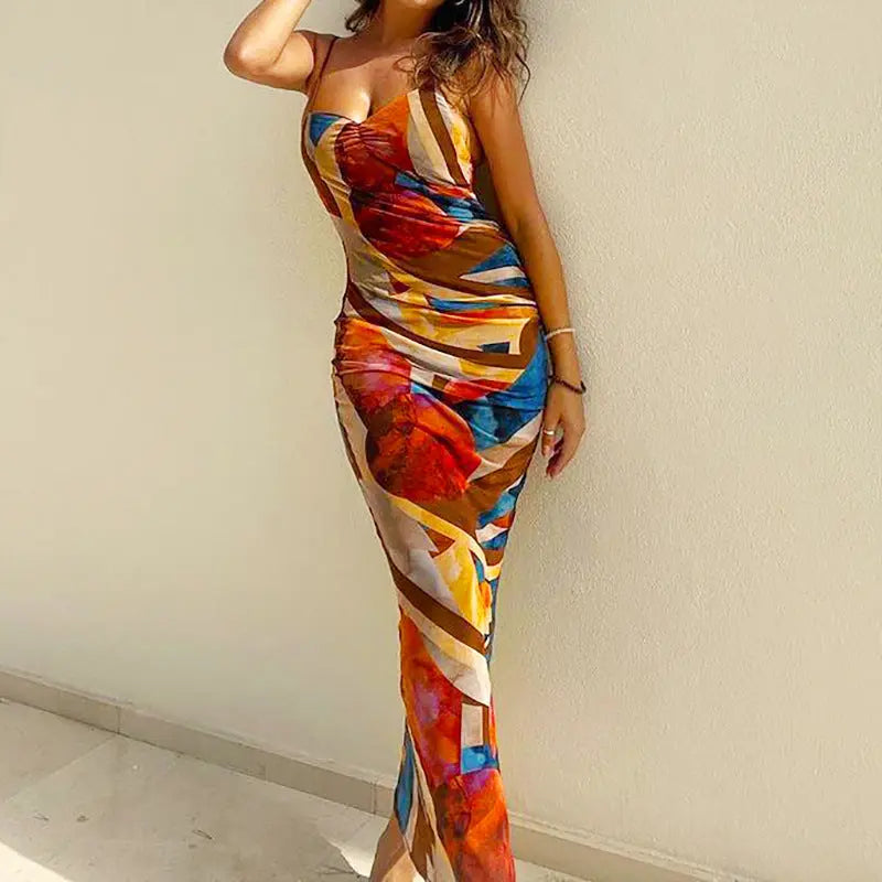 Summer Women Nightclub Sexy Abstract Printing Slip Dress Ragazza