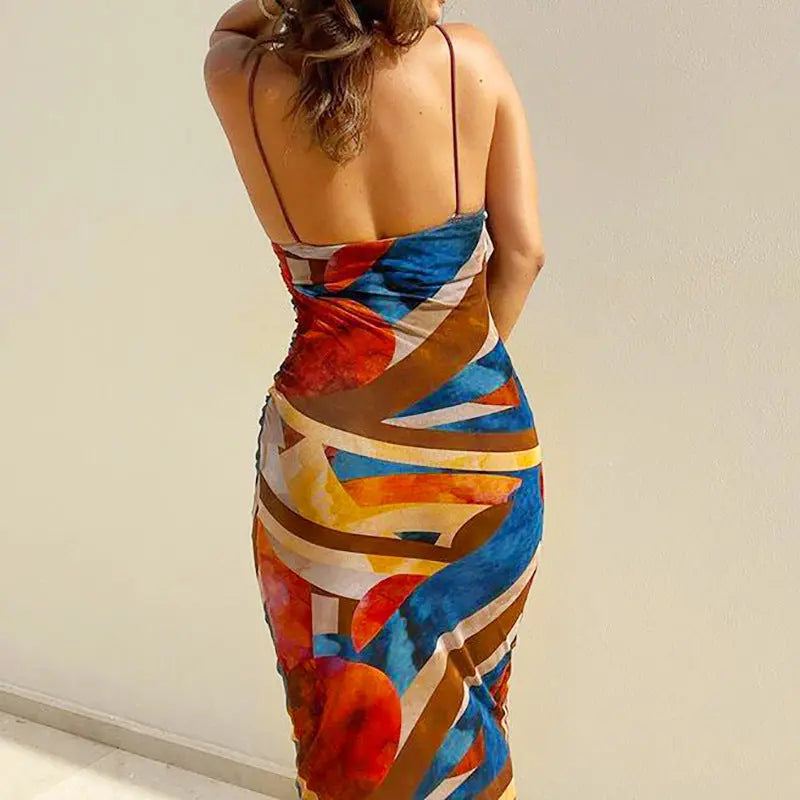 Summer Women Nightclub Sexy Abstract Printing Slip Dress Ragazza