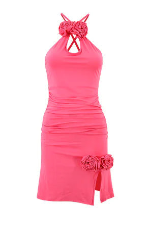 Rose-pink halter mini dress with ruched waist, flower accents, and front slit hem