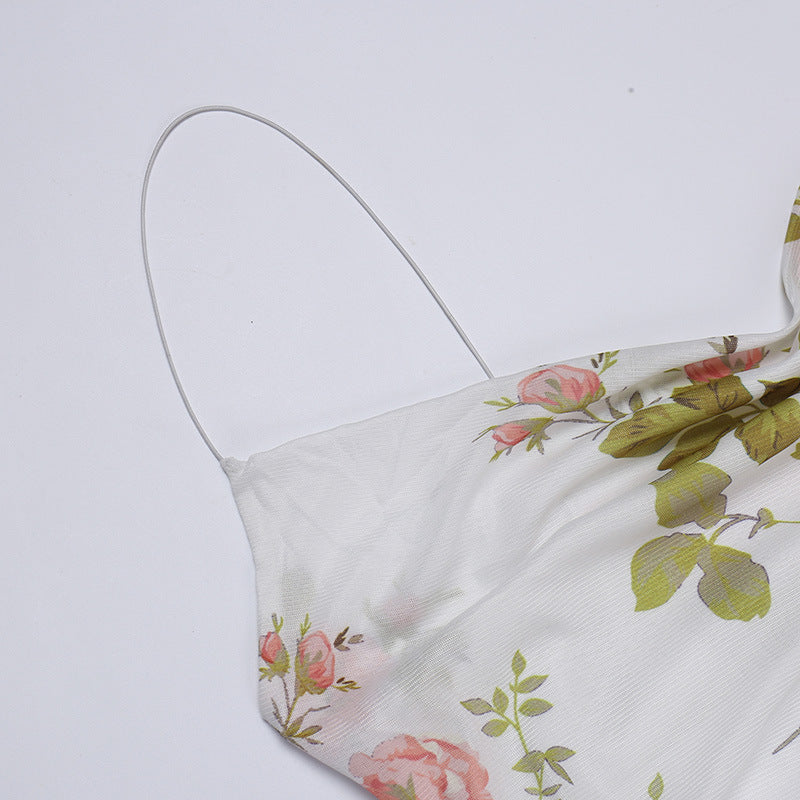 Floral slip dress top with spaghetti straps and sweetheart neckline, white base