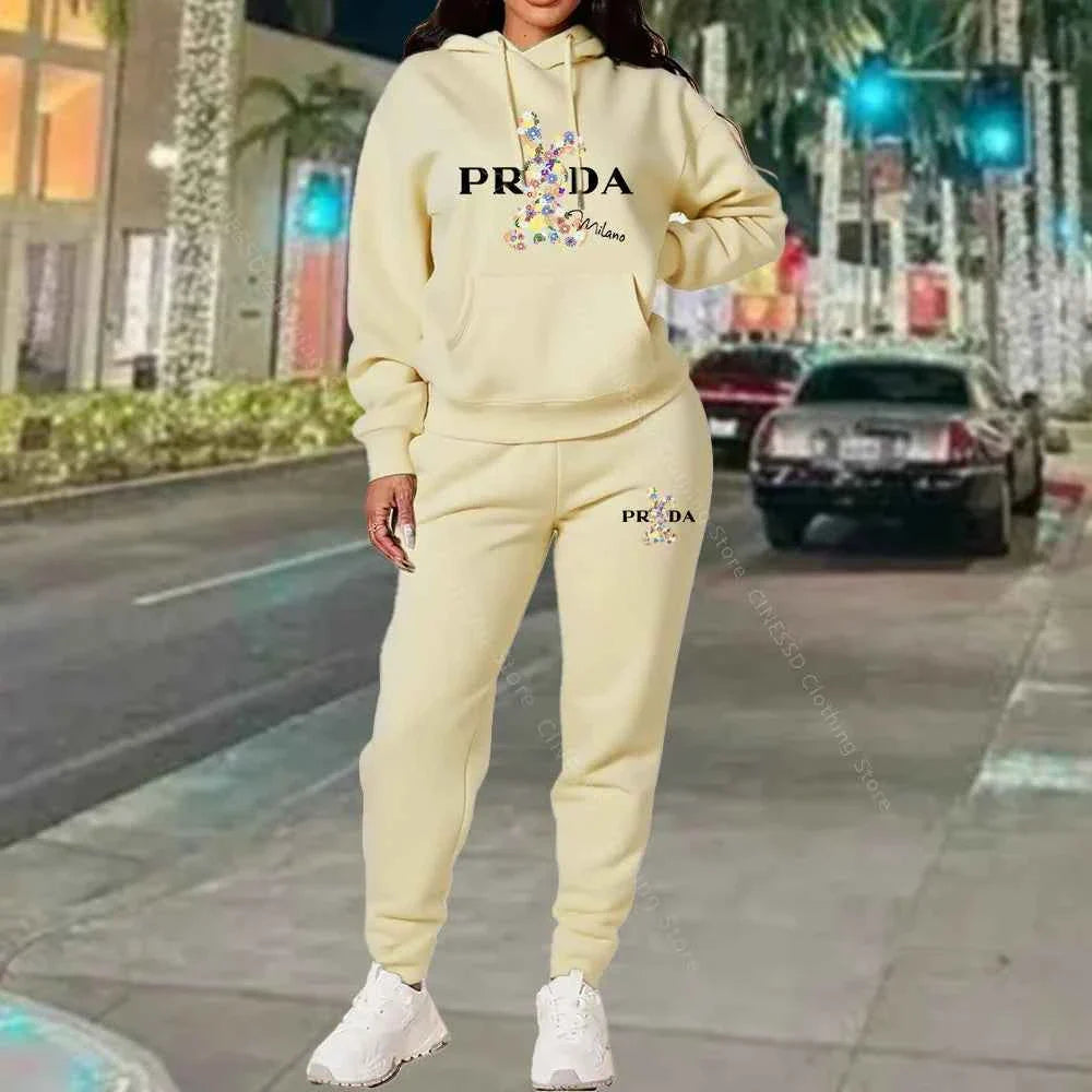 Cream PRADA logo hoodie and jogger set, pullover hood with drawstring pants