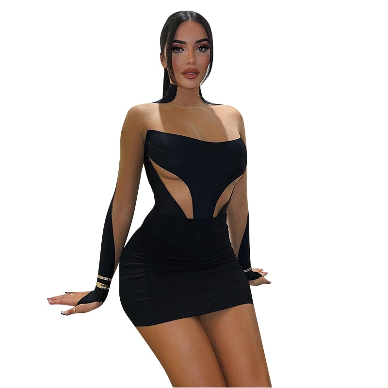 Black strapless mini dress with deep back cutout and fitted sheer long sleeves