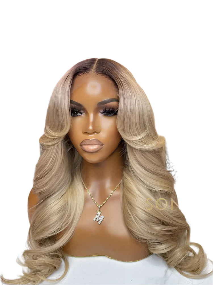 Ombre Ash Honey Blonde 13x6 Transparent Lace Frontal Wig | Dark Root Body Wave