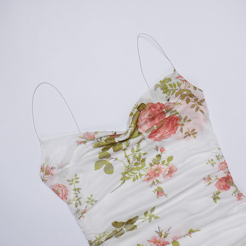 White floral spaghetti-strap mini dress bodice with gathered ruched detail