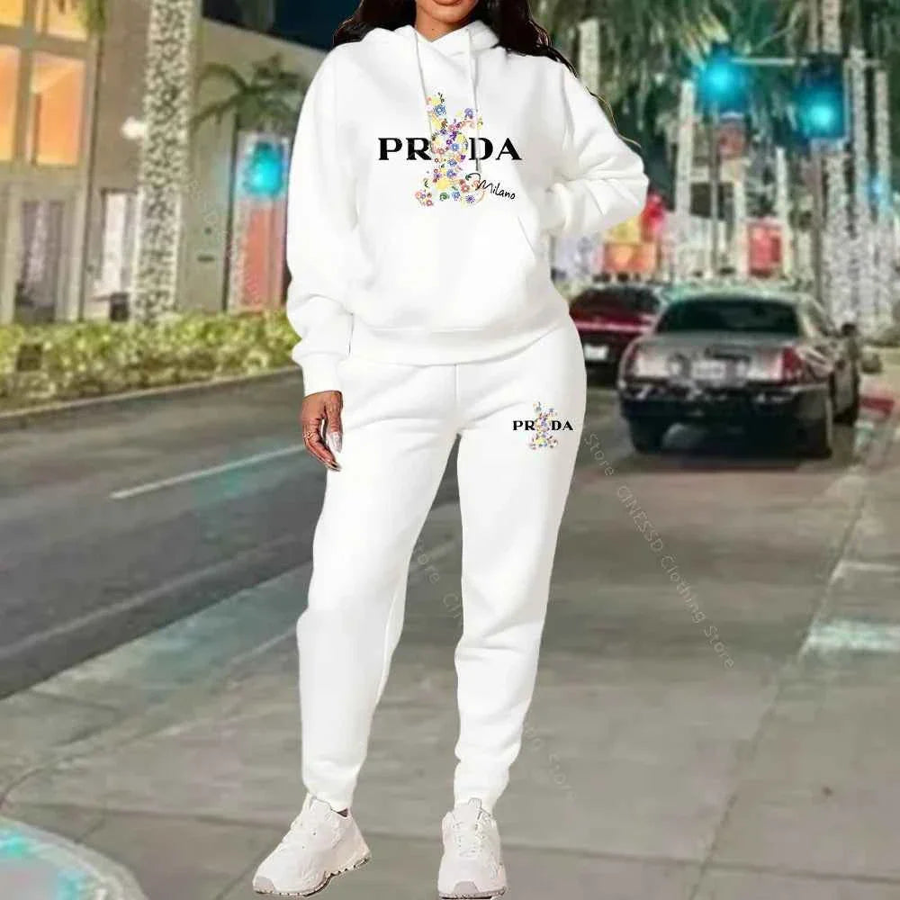 White PRADA logo hoodie and jogger set, pullover hood with drawstring pants