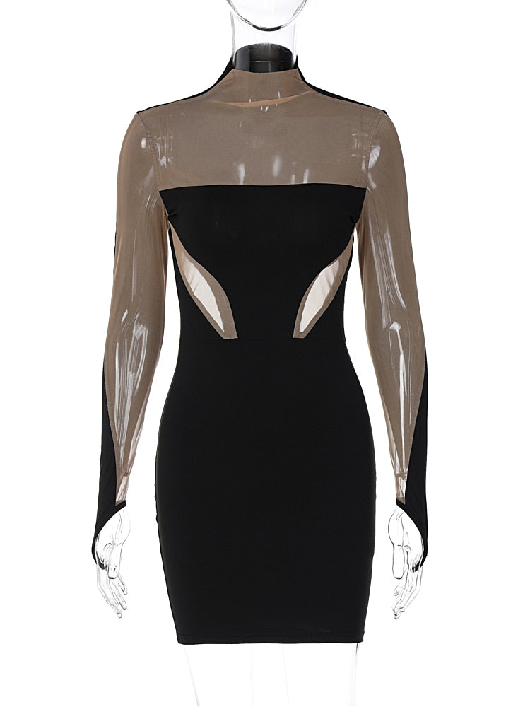 Black bodycon mini dress with sheer long sleeves and front cutout panel